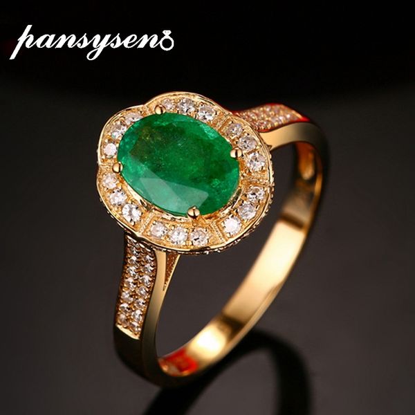 

pansysen gold color oval natural emerald ring 925 sterling silver rings for women anniversary silver 925 gemstones fine jewelry, Golden;silver