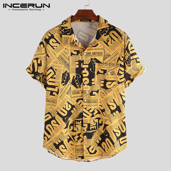 

incerun summer fashion men casual printed shirt short sleeve 2020 lapel loose korean men brand shirts hawaiian camisa s-3xl, White;black