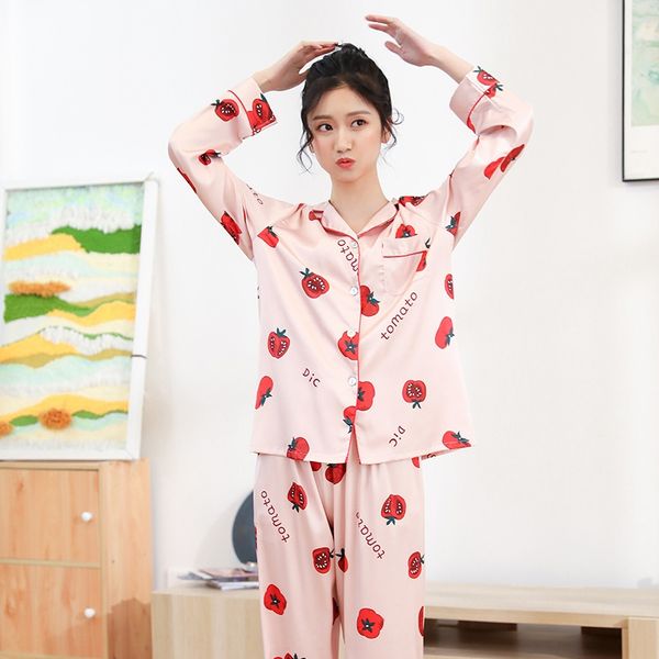 

women's ice silk pajamas pajamas thin long sleeve two-piece suit autumn tomato spinning real silk fresh home clothes suit, Blue;red