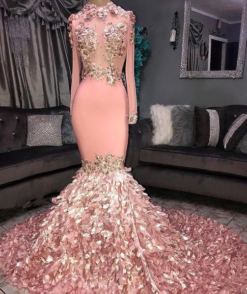 2019 Luxus-Rosa-Meerjungfrau-Abschlussballkleid mit Stehkragen, transparenten langen Ärmeln, 3D-Blumenapplikationen, Abendparty, Promi-Kleid BC1046