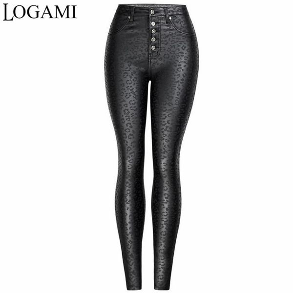 

logami high waist leopard pu leather pants women button faux leather pants skinny woman trousers, Black;white