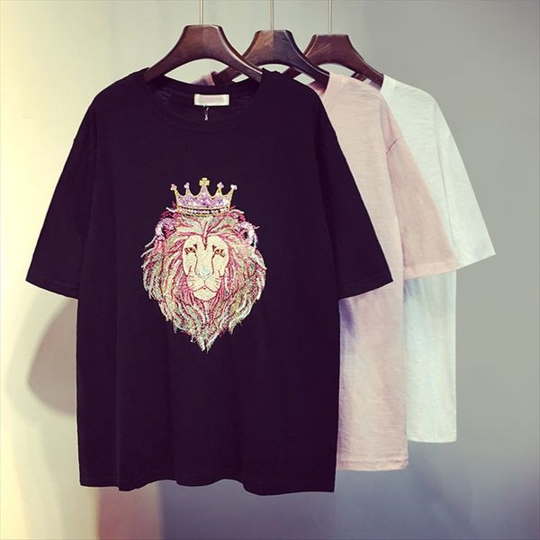 

2019 women's personalized summer short loose short sleeve embroidery t-shirt sequins sequins t-shirt, White
