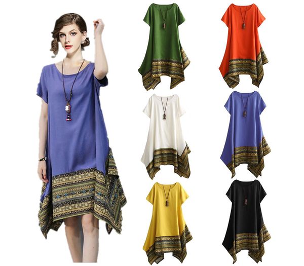 2019 Comfortable Cotton Linen Spliced Short Sleeved Irregular Slim