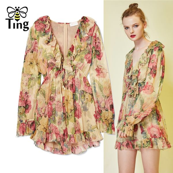 

tingfly designer runway jumpsuits women print floral deep v neck lace up ruffles long sleeve jumpsuit summer holiday romper, Black;white