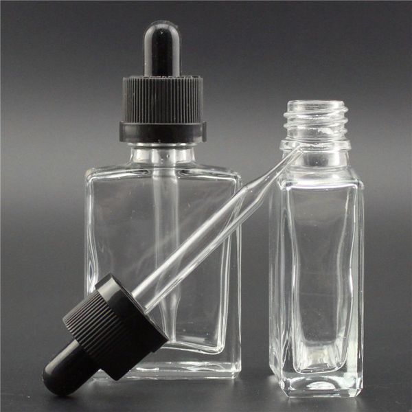 Venda mais quente 30 ml garrafas de vidro quadrado transparente 30 ml garrafa de gotas de vidro com tampa segura para ejuice de eliquid de ￳leo essencial