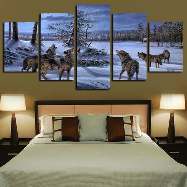 

5 panels animal snow wolves painting modern artworks giclee canvas wall art for home decor abstract poster canvas print oil painting