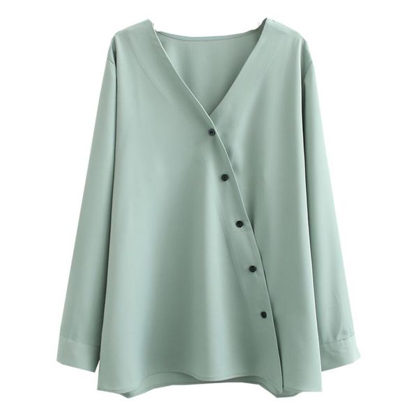 

long sleeve blouse women 2020 spring v-neck loose female casual plus size oblique placket shirt j2367, White