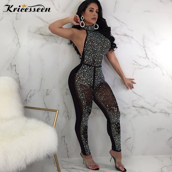 

kricesseen drilling transparent women jumpsuit romper sleeveless rhinestone bodycon summer sequin backless jumpsuit, Black;white