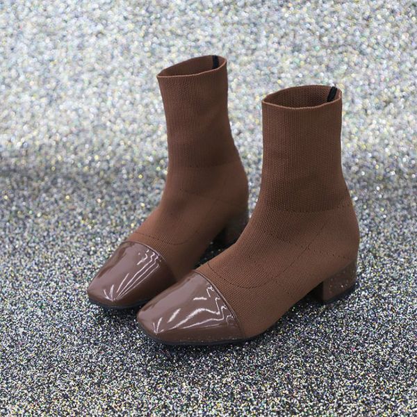 

new autumn stretch socks boots women shoes slip ankle boots spring winter elegant square high heels shoes female, Black