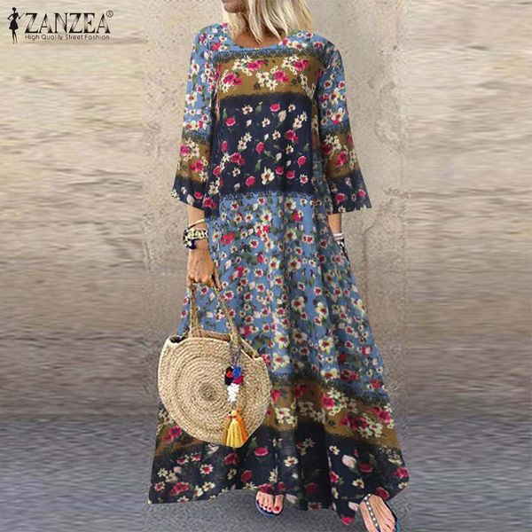 

zanzea women dress vintage floral printed sundress robe 3/4 sleeve party dresses autumn bohemian long vestido cotton linen dress, Black;gray