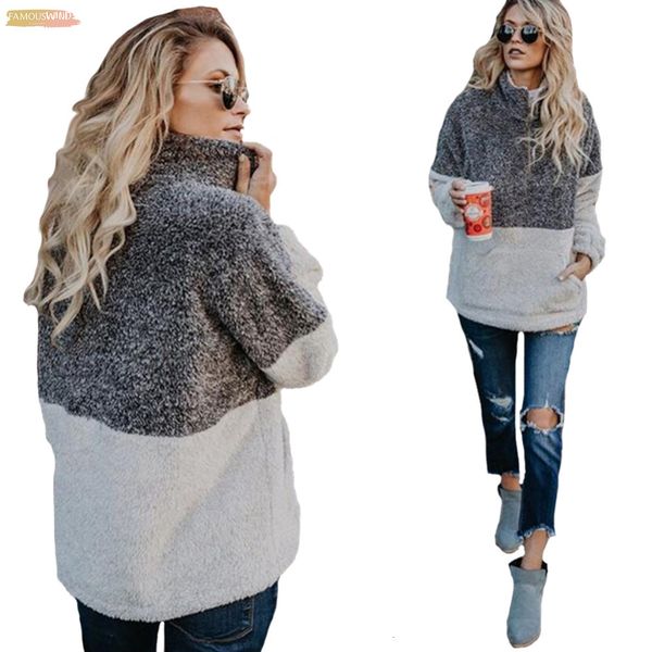 

autumn 2019 winter womens 1 fleece 4 zipper sherpa knit soft pullover colorblock sweater outwear coat kangaroo turtle neck pockets, White;black