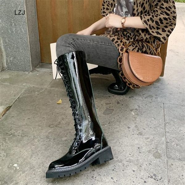 

lzj new 2019 winter fashion patent leather women motorcycle boots zipper cross strap knee high boots round toe women footwear, Black