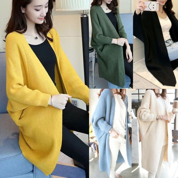 

women sweater long cardigan loose sweater long sleeve knitted outwear jacket coat /by, White