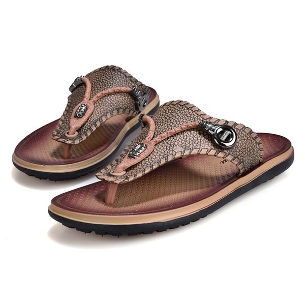 

leather men slippers beach shoes men flip flops nice summer flat heels male slides luxury footwear soft sandal shoes, Black