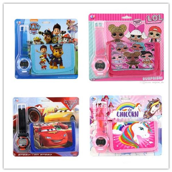 

Whole ale lot fa hion kid watch piderman unicorn et cartoon kid part et watch wri twatch and wallet children pur e zx0521