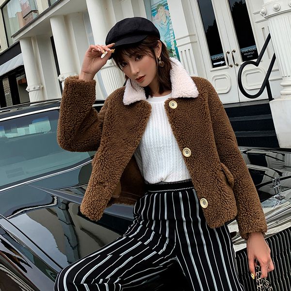 

small short korean version of the grain fleece wool coat female thick coat autumn winter new loose fur sheep shearing jacket, Black