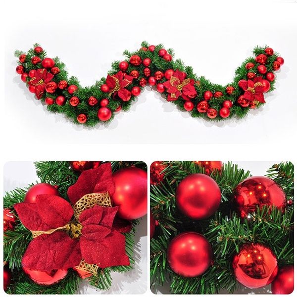 

2.7m gold/red christmas leaf rattan garland luxury bowknot flower balls decorated thick mantel fireplace xmas garland pine tree