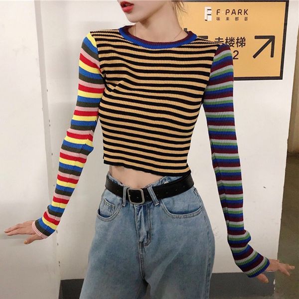 

women fashion short slim fit contrast color sweaters stripes exposure navel color matching long sleeve knit sweaters, White;black