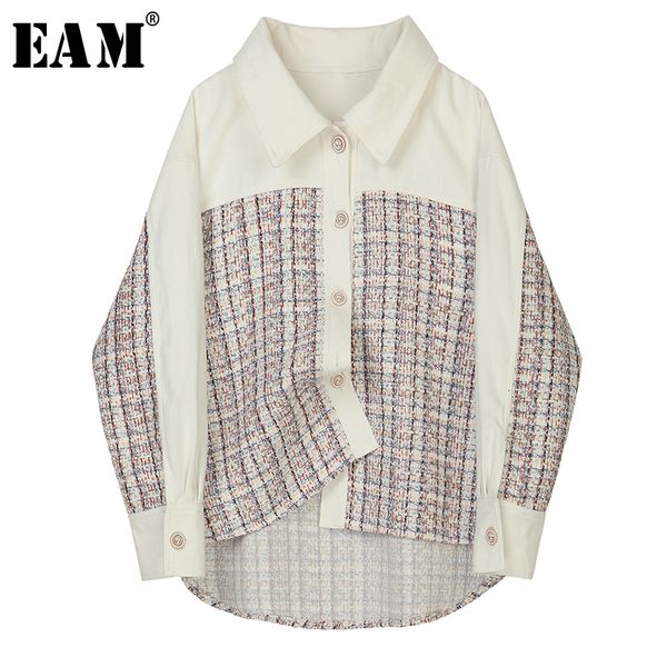 

eam] loose fit white tweed split joint big size denim jacket new lapel long sleeve women coat fashion autumn winter 2019 1d367, Black;brown