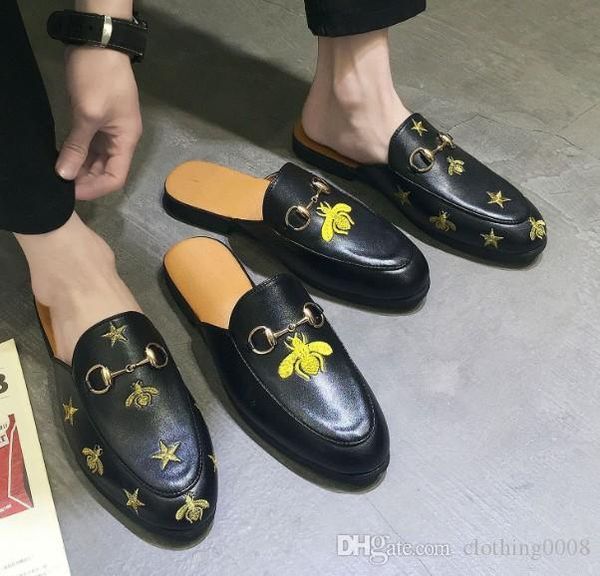 

2019 men's half slippers with authentic soft cowhide designer male female hair slippers embroidered women's slippers 35-48, Black