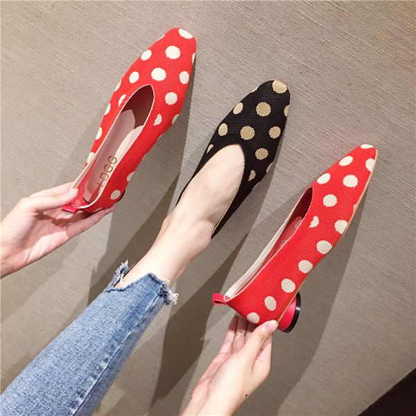

knitted flats women 2020 spring new polka dot slip on loafers shallow trendy weaved soft bottom ballet flat shoes breathable, Black