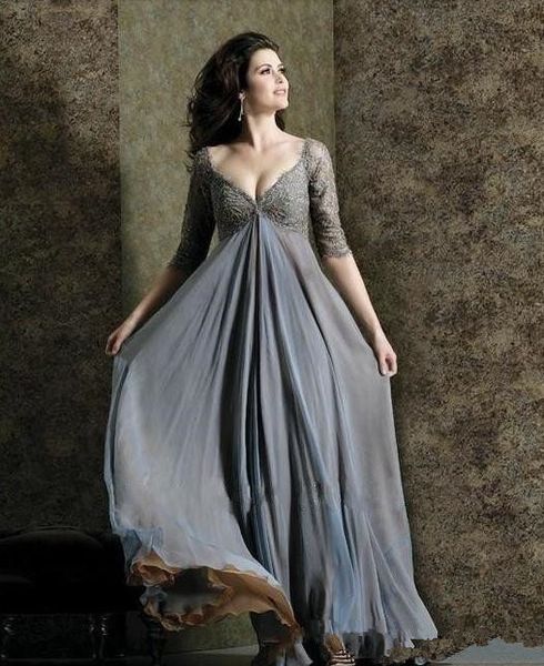 

Chic Plus Size Lace Mother Of The Bride Dresses Sleeves A-Line V-Neck Empire Waist Mother Of Groom Dress Floor-Length Chiffon Evening Gowns