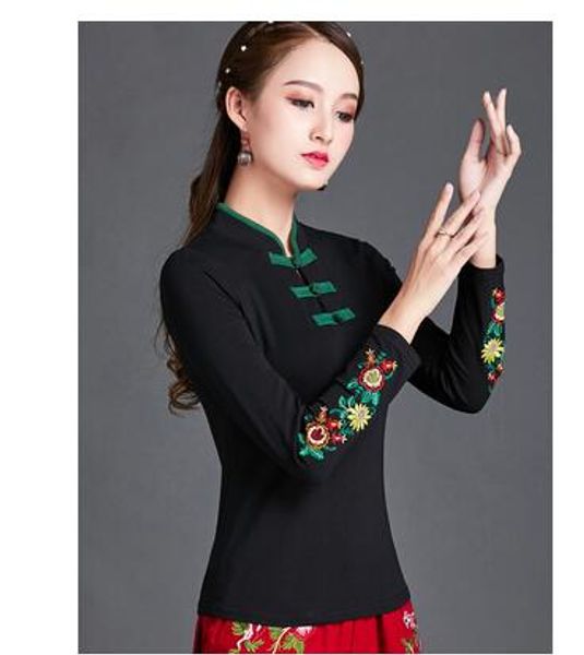Neues Design für Damen, Retro-Stehkragen, chinesischer Cheongsam-Stil, Baumwolle, langärmelig, Stickerei, Blume, dehnbar, Übergröße 5XL 6XL, T-Shirt-Oberteile