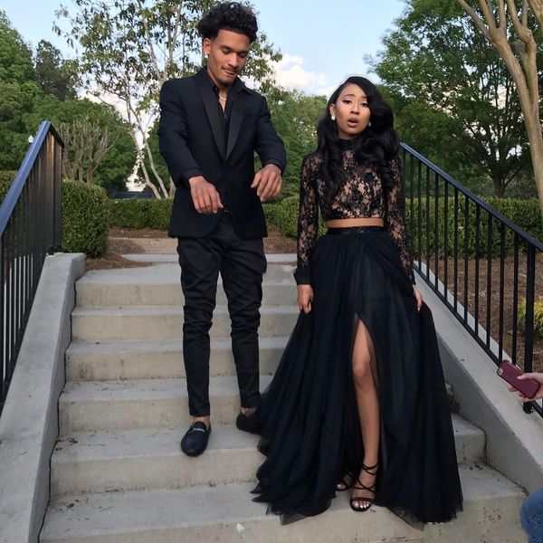 

two piece a line black prom dresses lace applique hi-lo long sleeve formal evening dresses party gowns special occasion dress robe de soiree