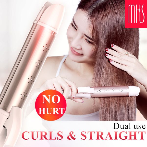 

100-240v 2 in 1mks professional hair straightener flat iron curling irons straight hair styling tourmaline ceramic heating plate, Black