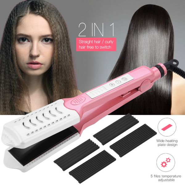 

3 in 1 electric hair curler straightener ceramic corrugated flat iron curl hair crimper plate corn corrugated iron straightening, Black