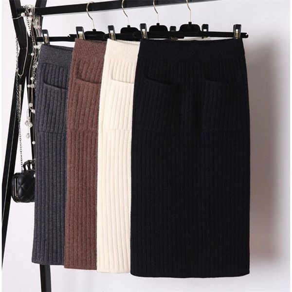 

elegant midi pencil skirts high waist stretch band ribbed knitted skirt women winter thick warm split pleated skirt, Black