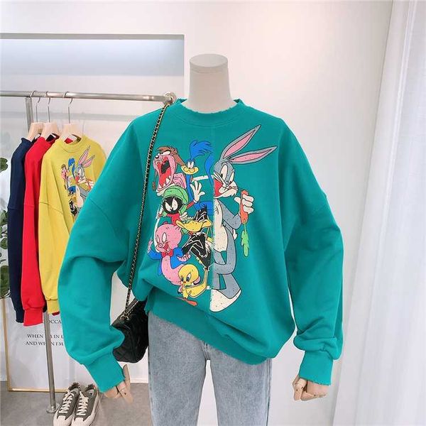 

streetwear крупногабаритные толстовка женщины 2020 новая весна прохладный ripped толстовка пуловер maxi сыпучие хлопок мультфильм пот пальто, Black