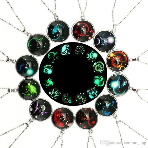 

glow in the dark 12 zodiac sign necklaces for women men stainless steel horoscope glass cabochons pendant chains fashion luminous jewelry, Silver