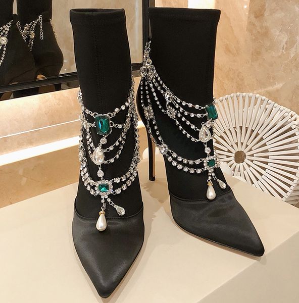 

luxury super high heel 10.5cm women boots new style point toe female shoes ankle slip-on boots with crystal chain 34-41 sizes, Black