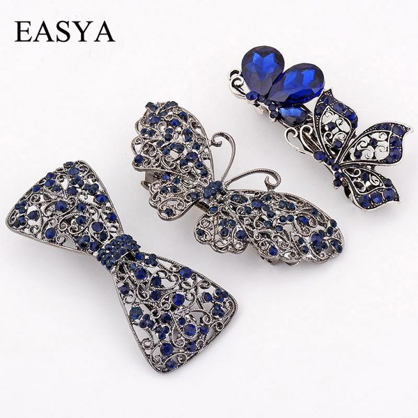 

easya vintage blue rhinestone hairwear butterfly flower hair barrettes women hair clips retro bow accessories jewelry, Golden;white