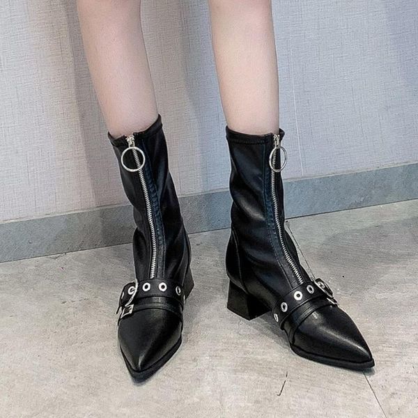 

women boots 2019 winter black pointed toe shoes woman metal buckle short boots ladies zipper party shoes med heels