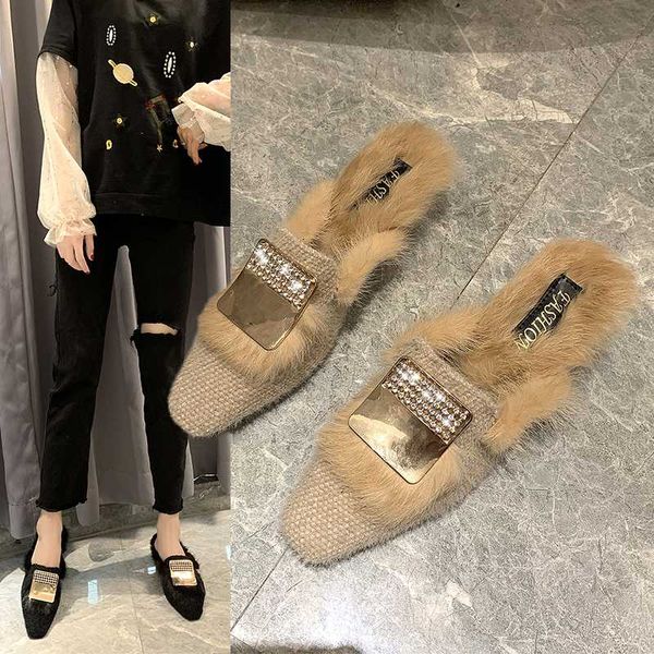 

size 35-50 nice spring winter women slippers flat heels leisure warm shoes woman faux fur female metal & crystal fur loafer, Black
