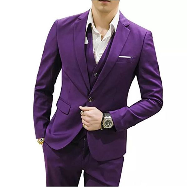 

2019 new purple groom tuxedos formal men suits trim fit notched lapel wedding tuxedos (jacket+pants+vest) groomsman tuxedo customized, Black;gray