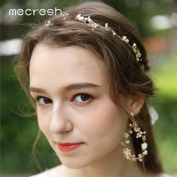 

mecresh cute simulated pearl headband earrings bridal hair accessories handmade hair vine wedding jewelry for bride fs167+eh1345, Golden;white
