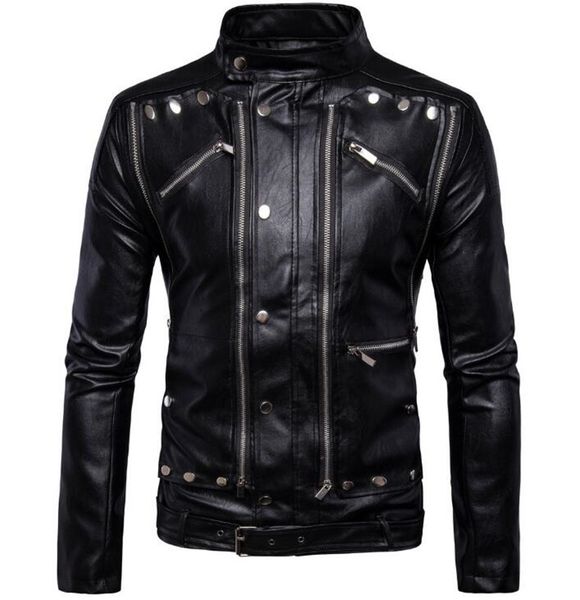 

new retro vintage motorcycle jackets pu leather moto jackets men multi zippers rivets punk biker leather stand collar