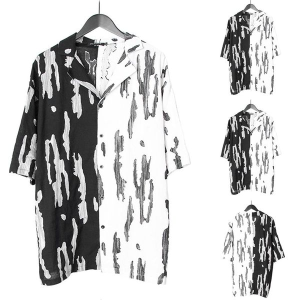 

men's casual shirts incerun man ethnic lapel short sleeve men patchwork vintage black and white button up chic streetwear blouse, White;black