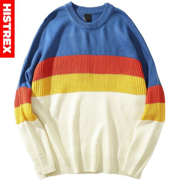 

color block patchwork sweater pullover hip hop men knitted sweater retro vintage 2020 streetwear striped cotton autumn, White;black