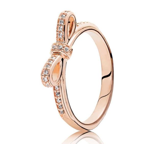 

925 sterling silver игристые bow ring set первоначально коробка для pandora зерна женщин wedding cz бриллиант bowknot розовое кольцо золота