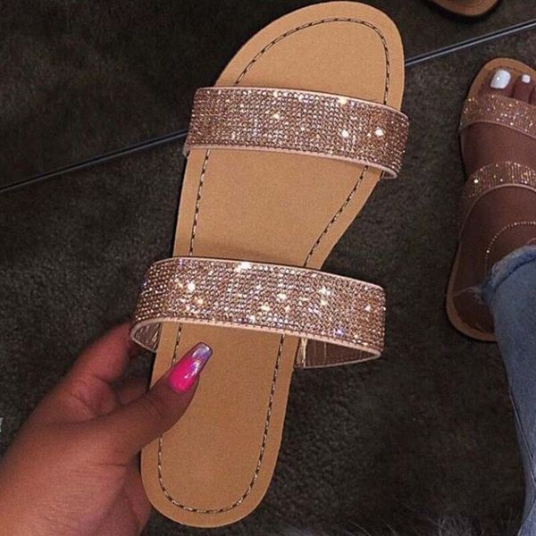 

rhinestone sandals rome style women summer open toe big size beauty beach slides women summer shoes gold silver female sandals, Black