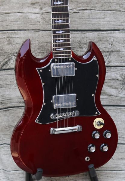 

ac/dc angus young signature dark wine red sg electric guitar little pin tone pro bridge, lightning bolt inlays, signature truss rod cover