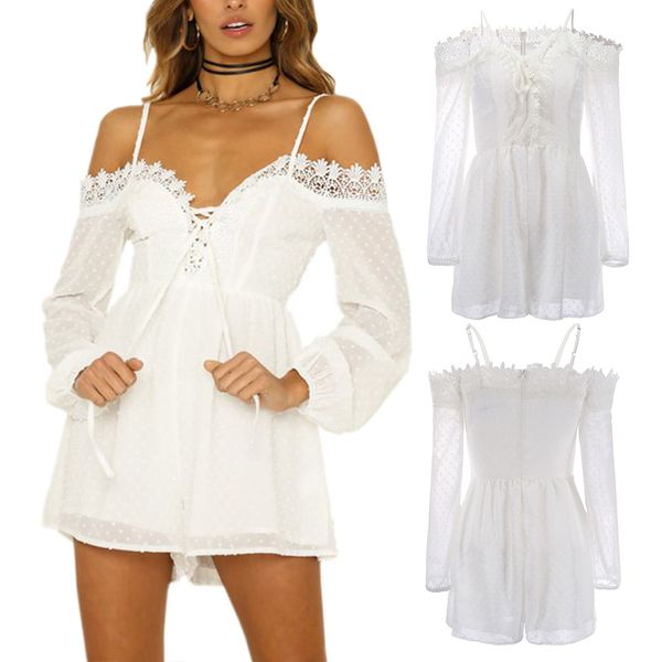 

women off shoulder spaghetti strap lace-up v-neck lace jumpsuit shorts playsuit for summer js25, Black;white