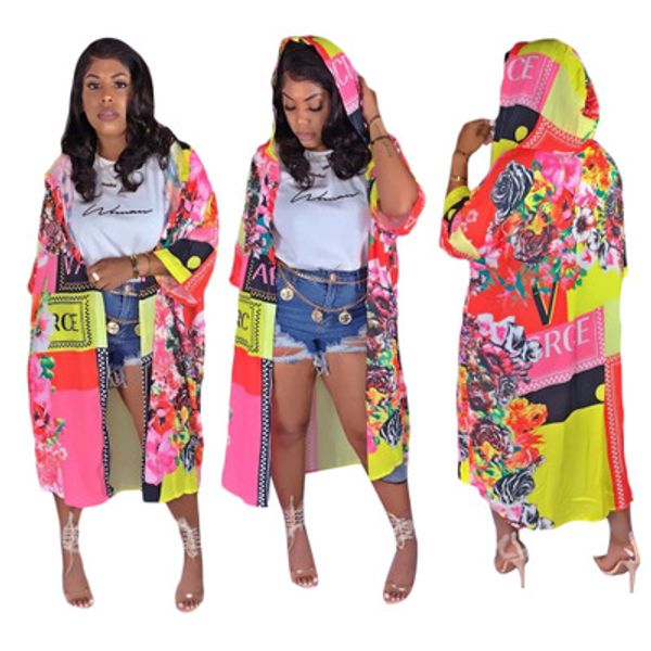 

2019 new european women's thin outerwear coat female lady fashion print hooded long cardigan, Black