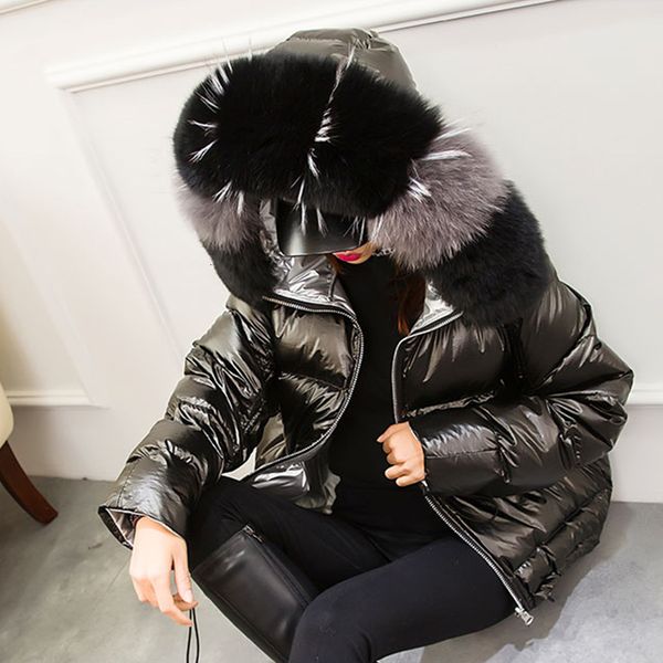 

large real fur winter jacket women 2019 parkas natural fox fur winter coat hooded white duck down jacket female waterproof coat y190926, Black;white