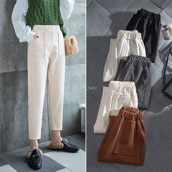 

women's candy color harem pants ankle-length solid wool pants female high waist loose woolen trousers plus size nine p9295, Black;white