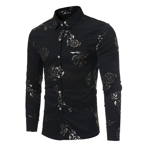 

mens shirts spring autumn modis blouse rose print long sleeve turn down collar slim fit shirt with buttons business blusa, White;black